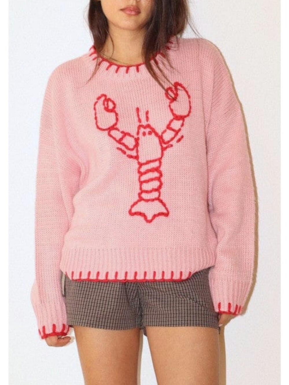 Women's Pink Crewneck Sweater with Red Lobster Embroidery - Picture 8 of 8